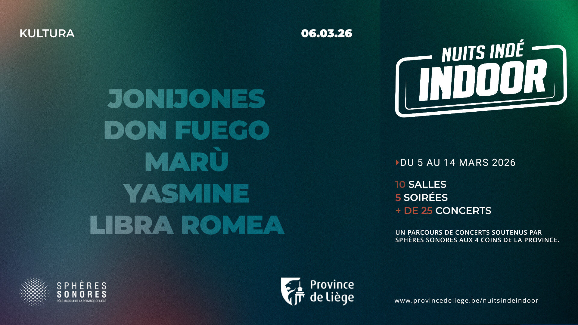 LES NUITS INDÉ INDOOR 2026 AU KULTURA. x UA ✧ YASMINE ✧ MARÙ ✧ DON FUEGO ✧ JONIJONES ✧ LIBRA ROMEA ✧